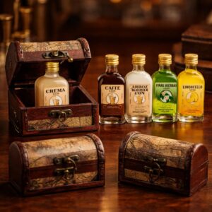 Licor frasca mini (5 cl.) + baúl de madera mapas