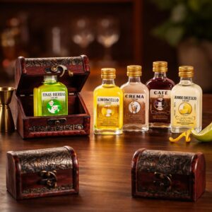 Licor frasca mini (5 cl.) + baúl de madera clásico